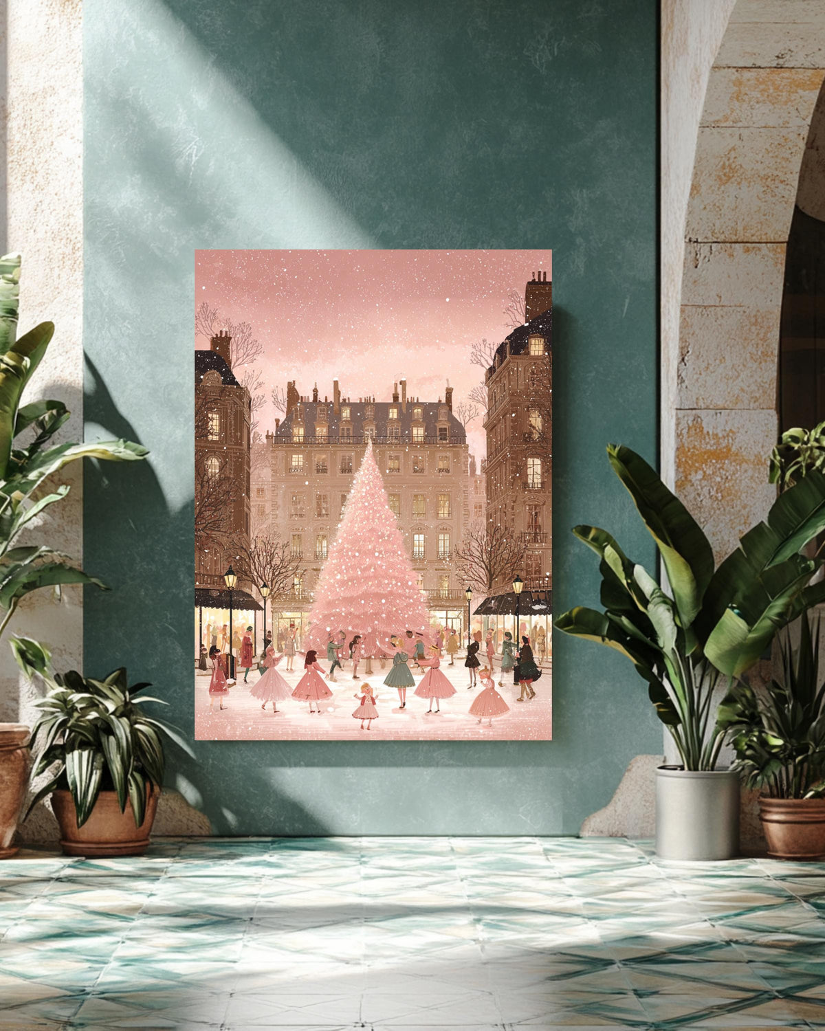 Parisian Christmas Illustration  Light Pink & Beige Childrens Book Style Artwork of Snowy City Square and Chic Holiday Street Scene