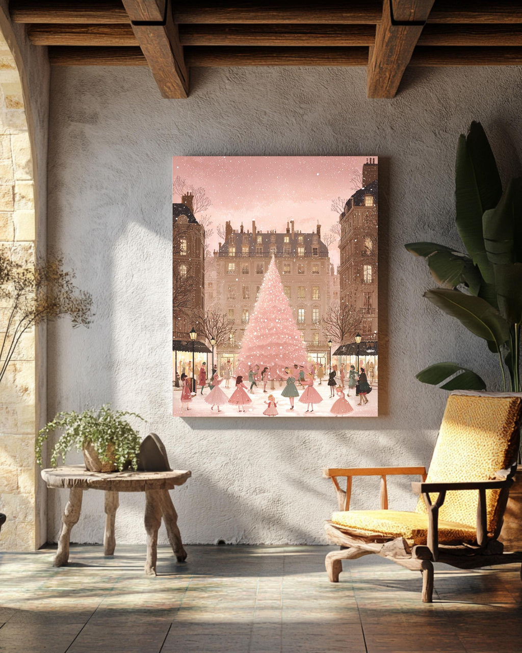 Parisian Christmas Illustration  Light Pink & Beige Childrens Book Style Artwork of Snowy City Square and Chic Holiday Street Scene
