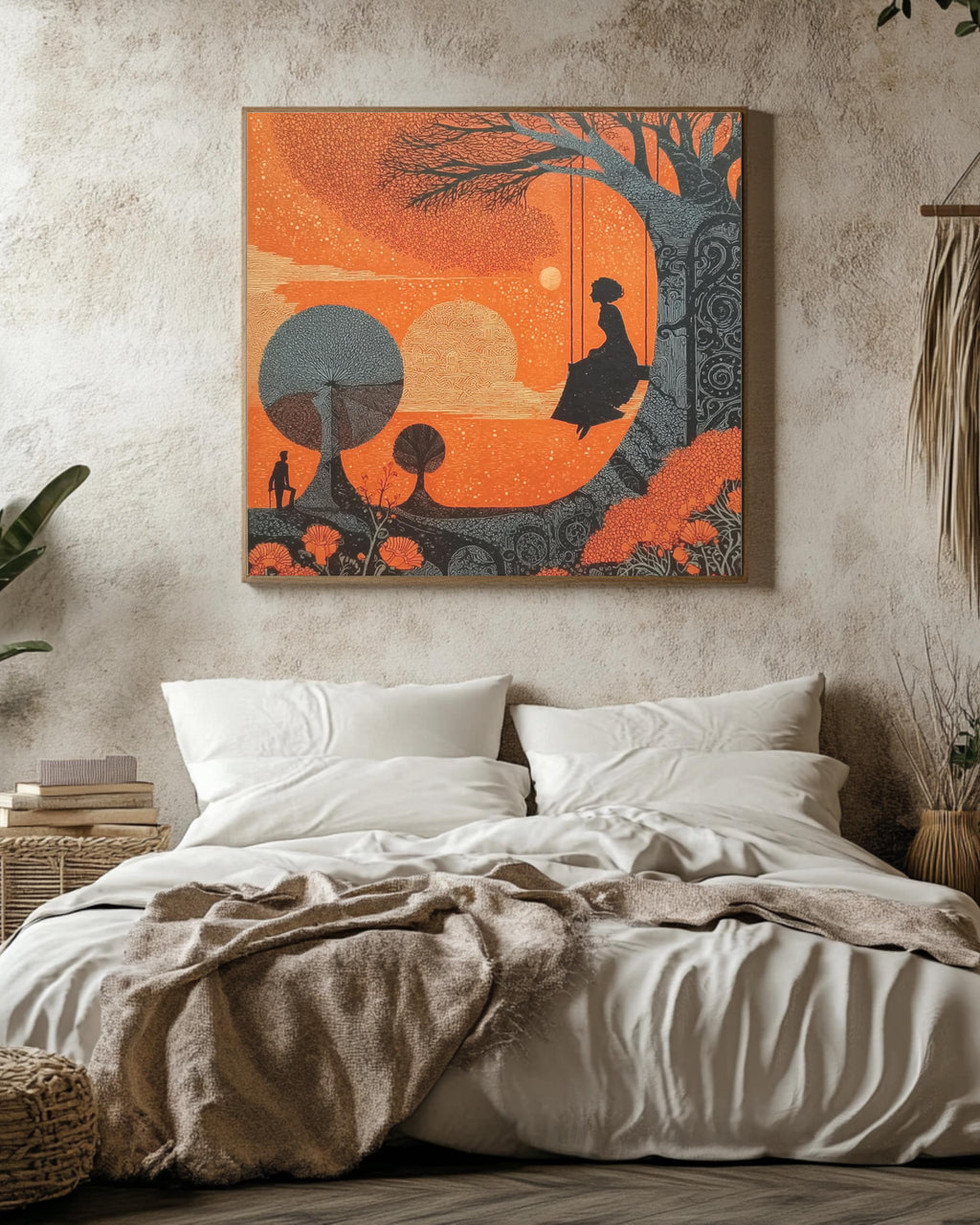 Surreal Folk Art Print  Boy on Swing, Klimt Inspired Linocut Style