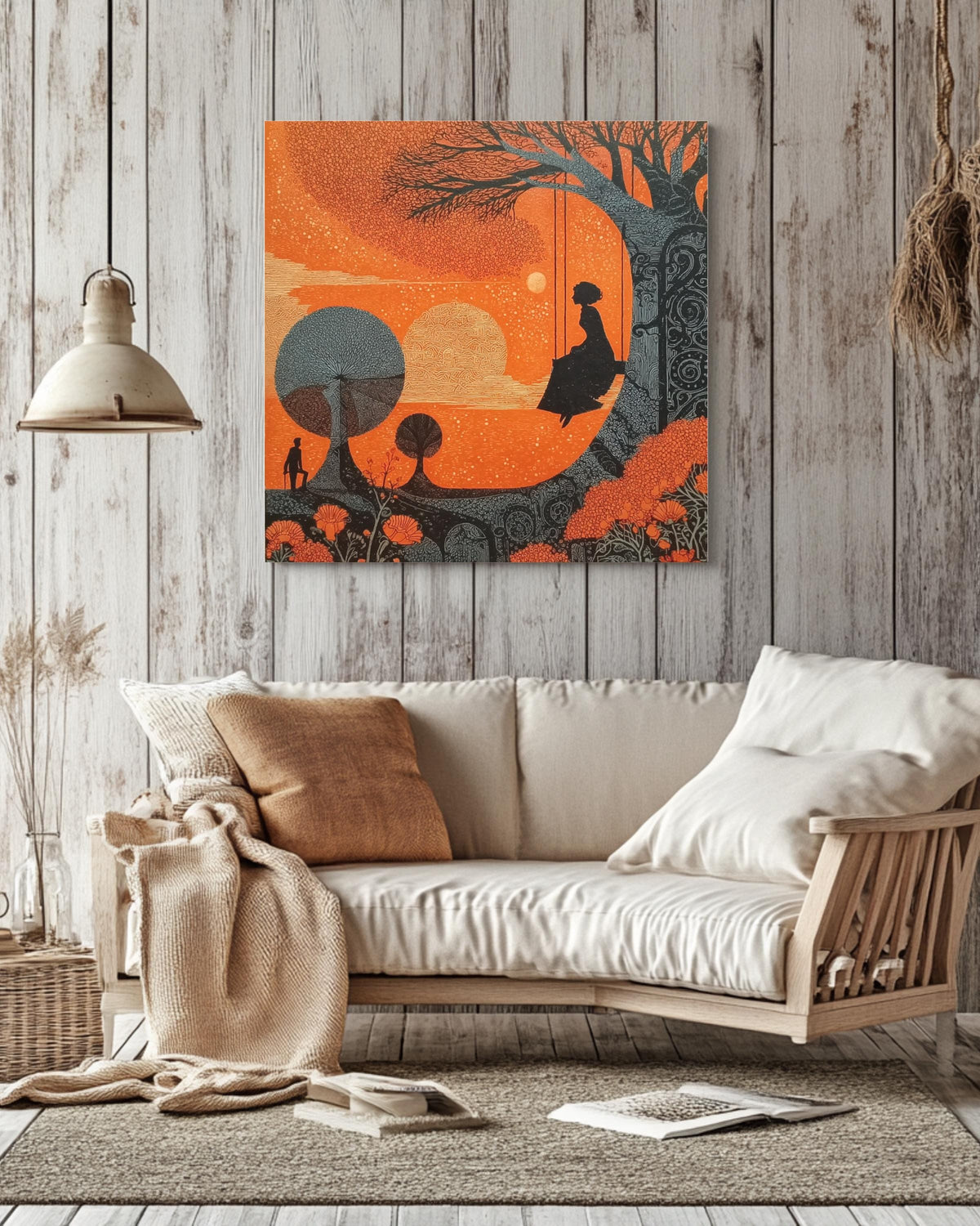 Surreal Folk Art Print  Boy on Swing, Klimt Inspired Linocut Style