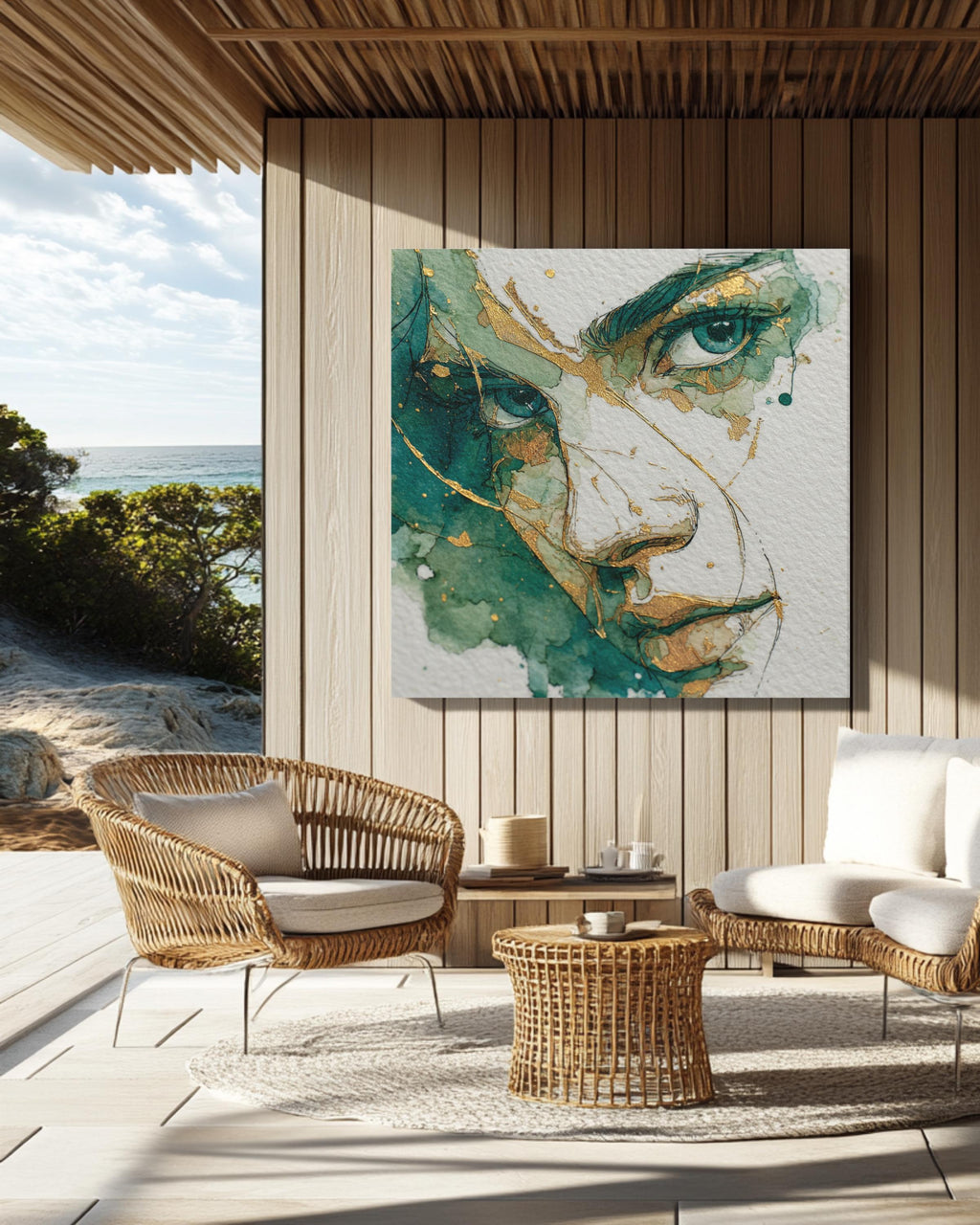 Minimalist Woman's Face Art, Green and Gold Ink Drawing, Modern Canvas