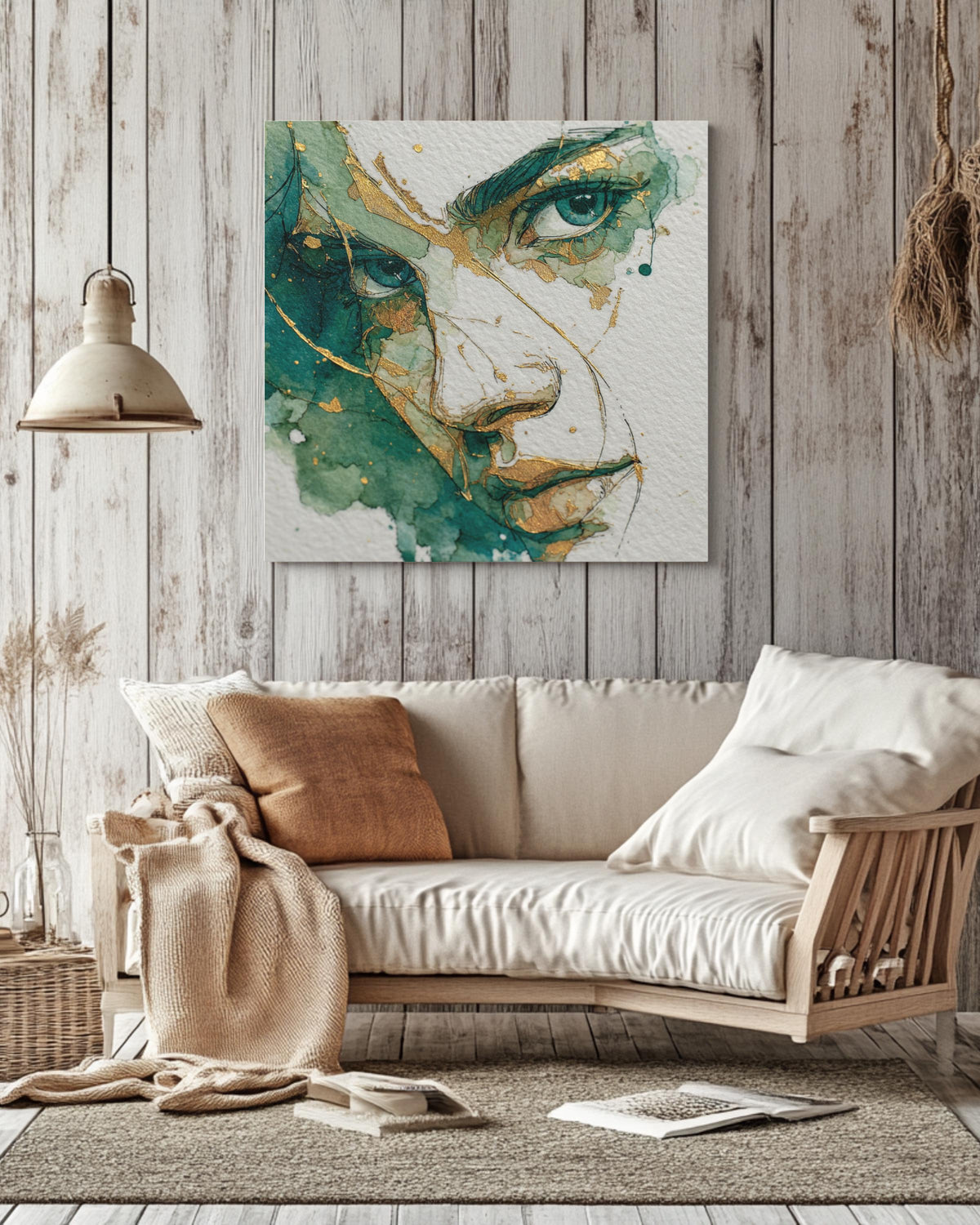 Minimalist Woman's Face Art, Green and Gold Ink Drawing, Modern Canvas