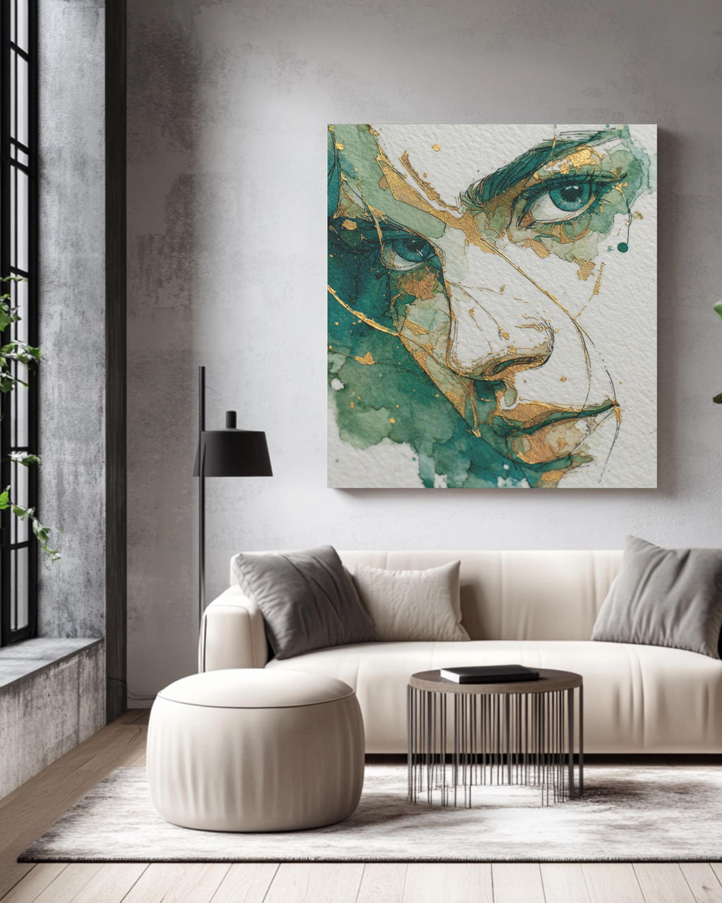 Minimalist Woman's Face Art, Green and Gold Ink Drawing, Modern Canvas
