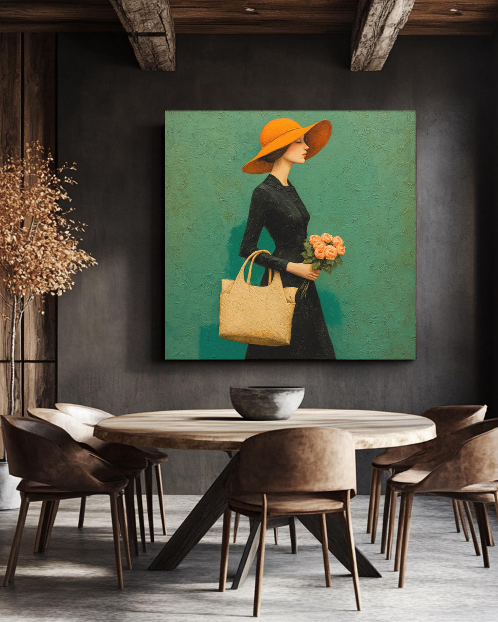 Elegant Woman in Black Dress with Orange Hat Carrying Pink Roses, Walking on Green Background, Michael Malm Style Painting, Poster Canvas