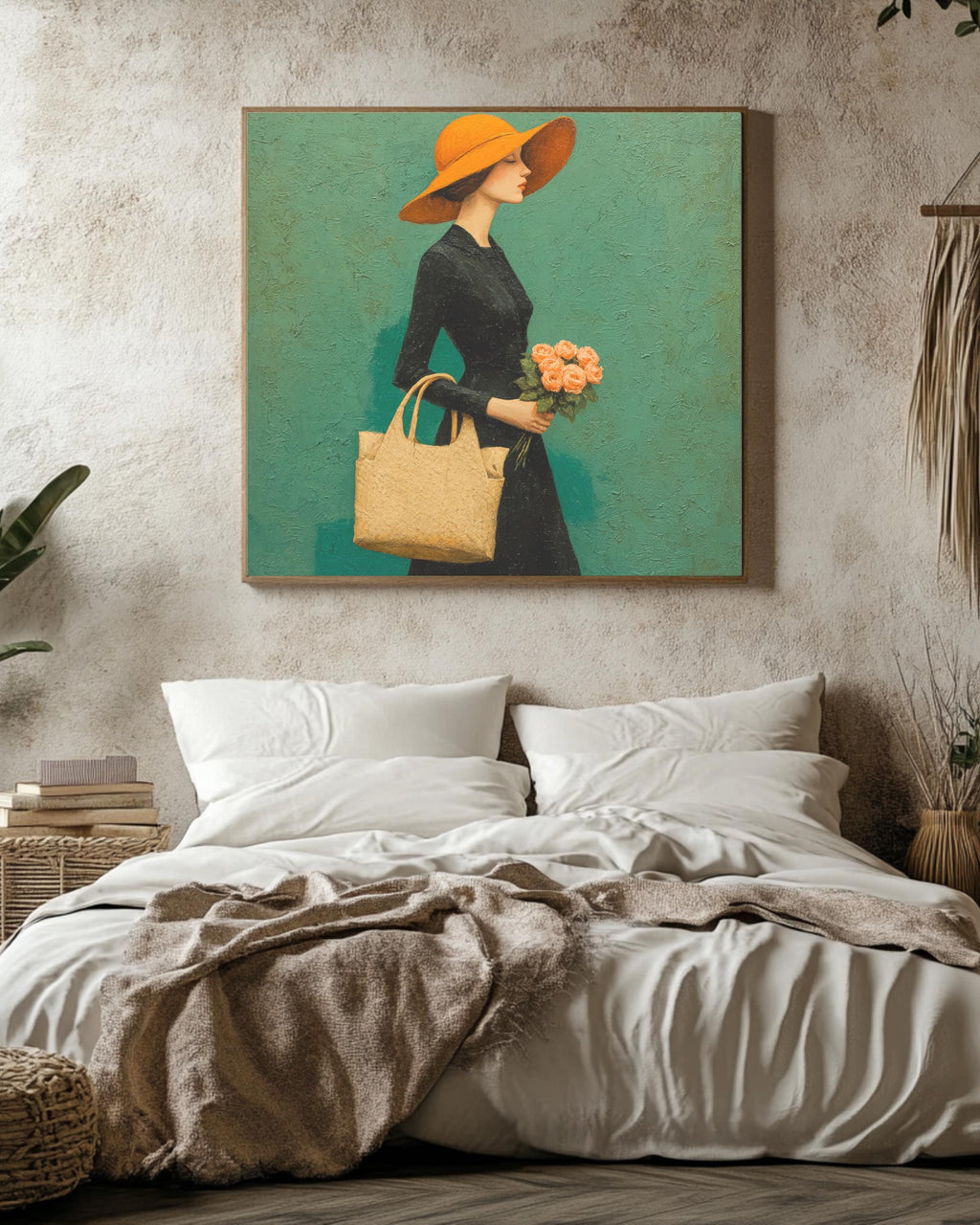 Elegant Woman in Black Dress with Orange Hat Carrying Pink Roses, Walking on Green Background, Michael Malm Style Painting, Poster Canvas