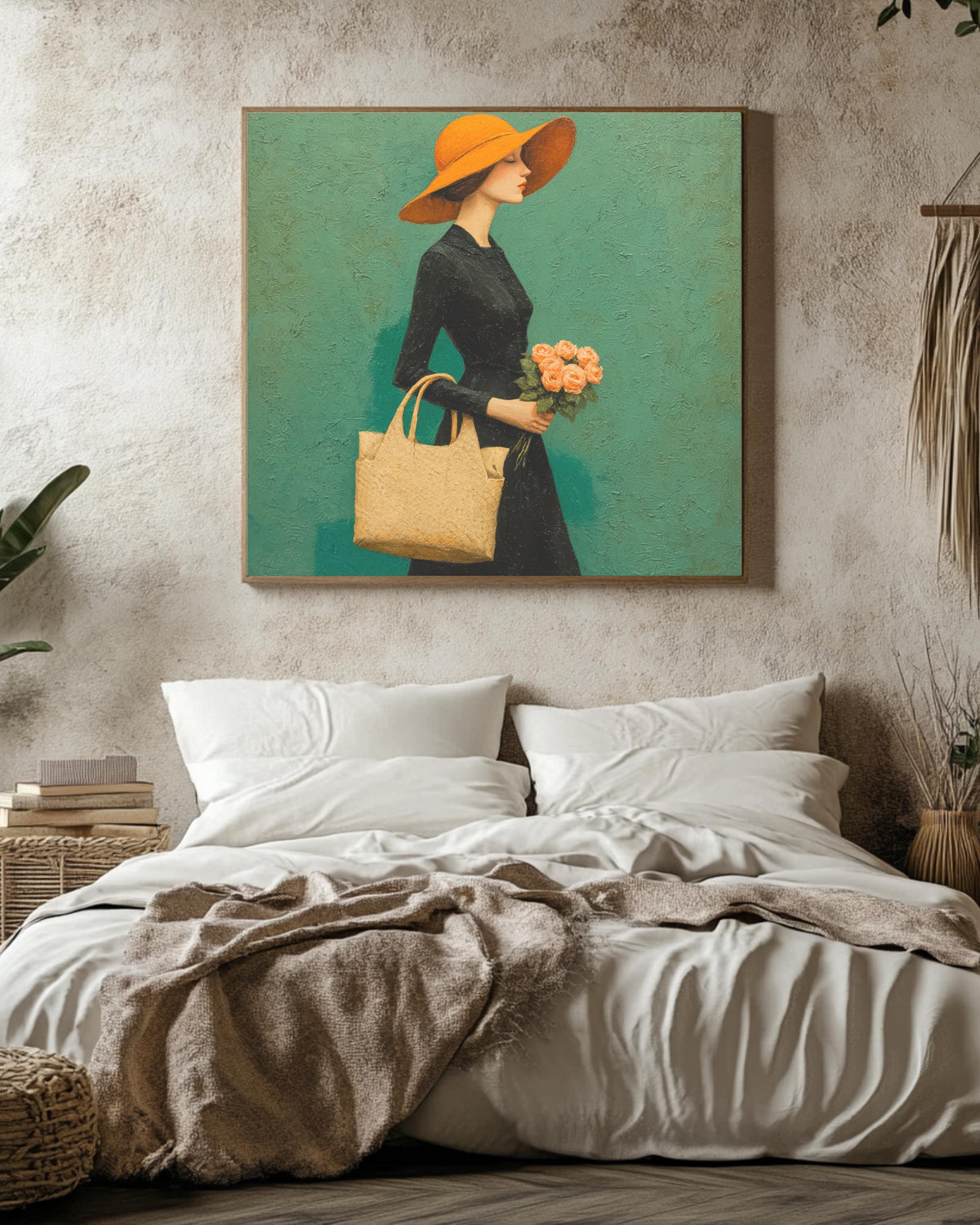 Elegant Woman in Black Dress with Orange Hat Carrying Pink Roses, Walking on Green Background, Michael Malm Style Painting, Poster Canvas