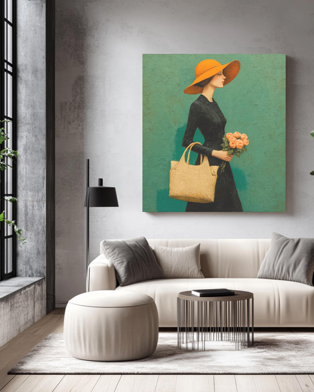 Elegant Woman in Black Dress with Orange Hat Carrying Pink Roses, Walking on Green Background, Michael Malm Style Painting, Poster Canvas