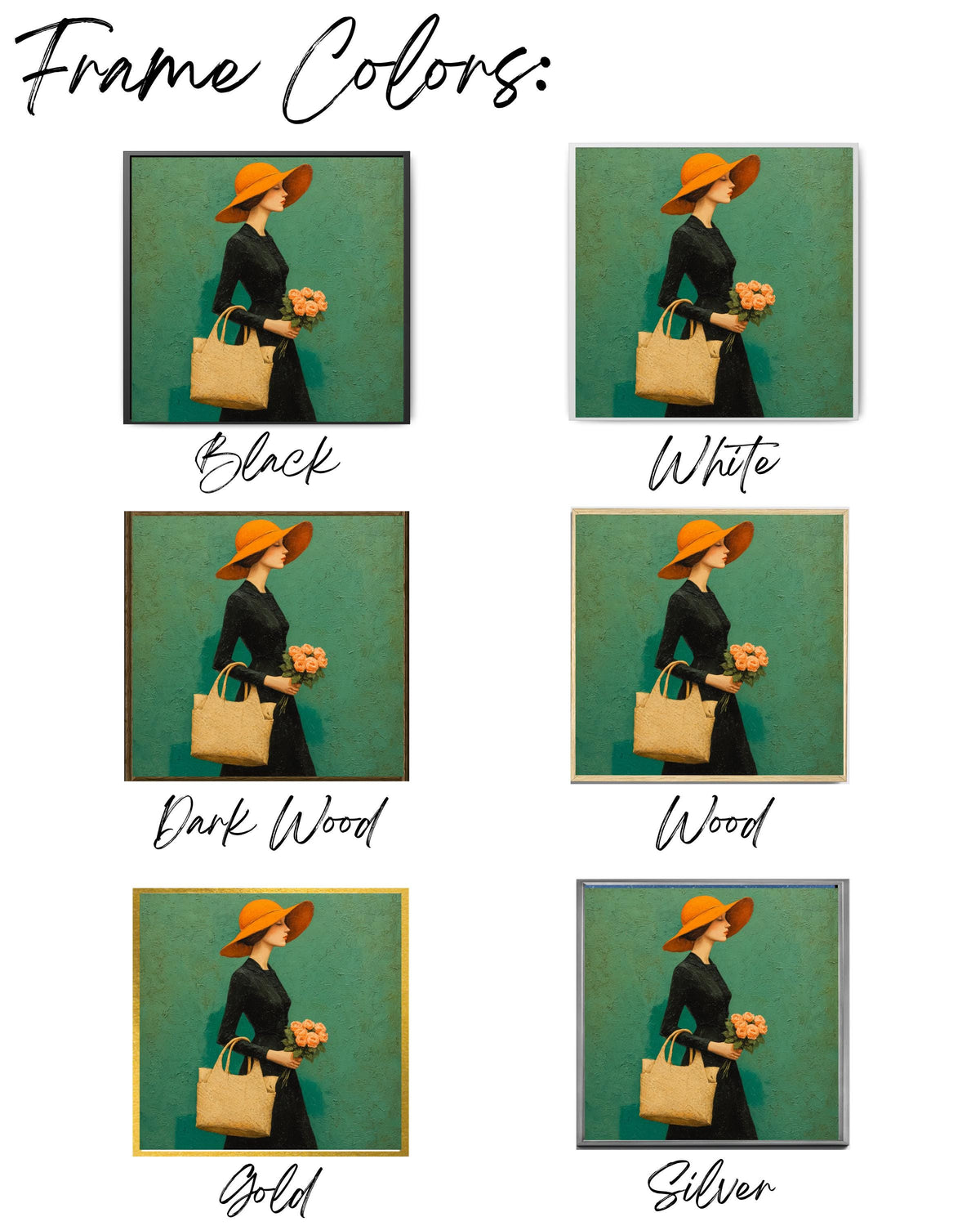 Elegant Woman in Black Dress with Orange Hat Carrying Pink Roses, Walking on Green Background, Michael Malm Style Painting, Poster Canvas