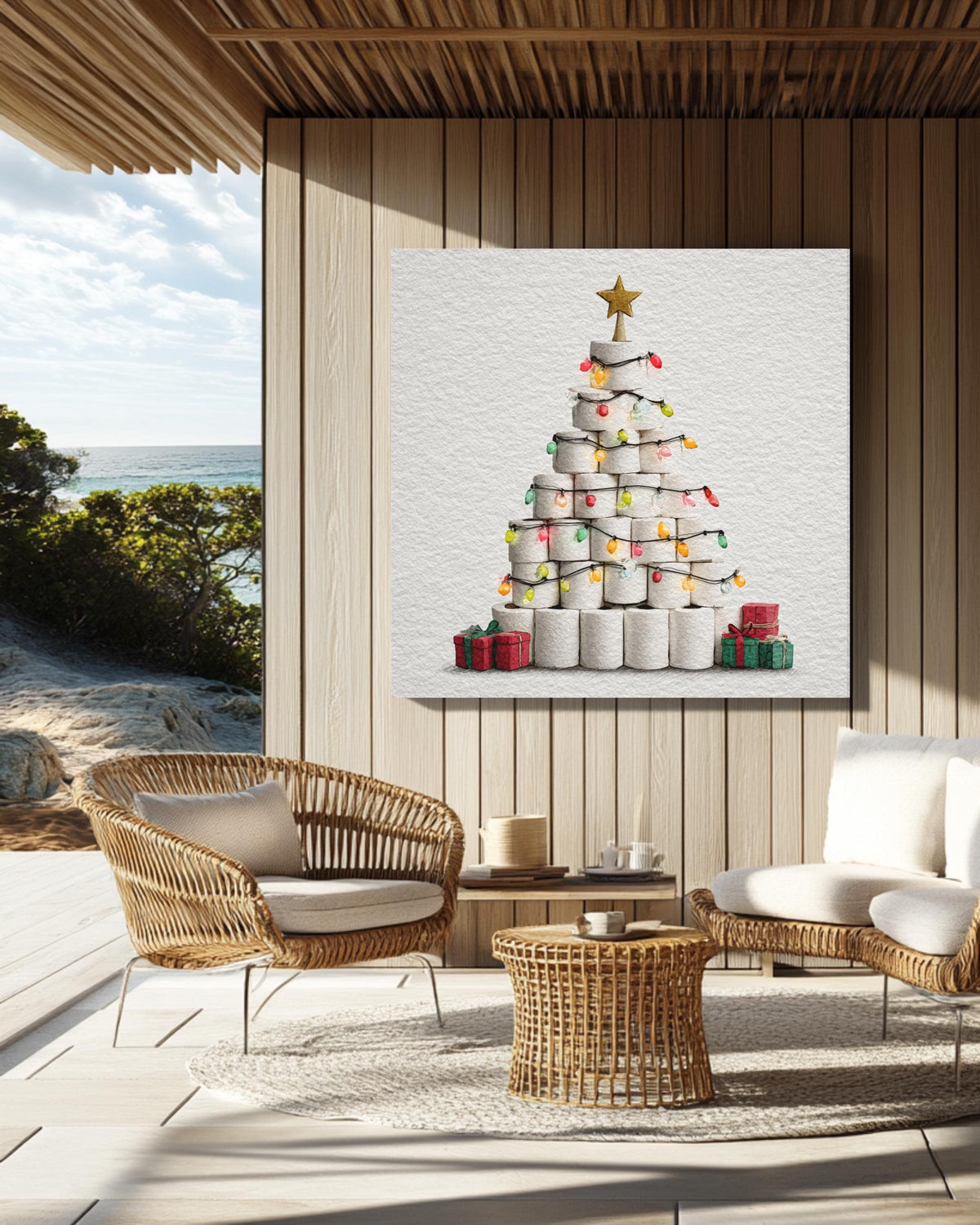 Toilet Paper Christmas Tree Canvas, Funny Holiday Art