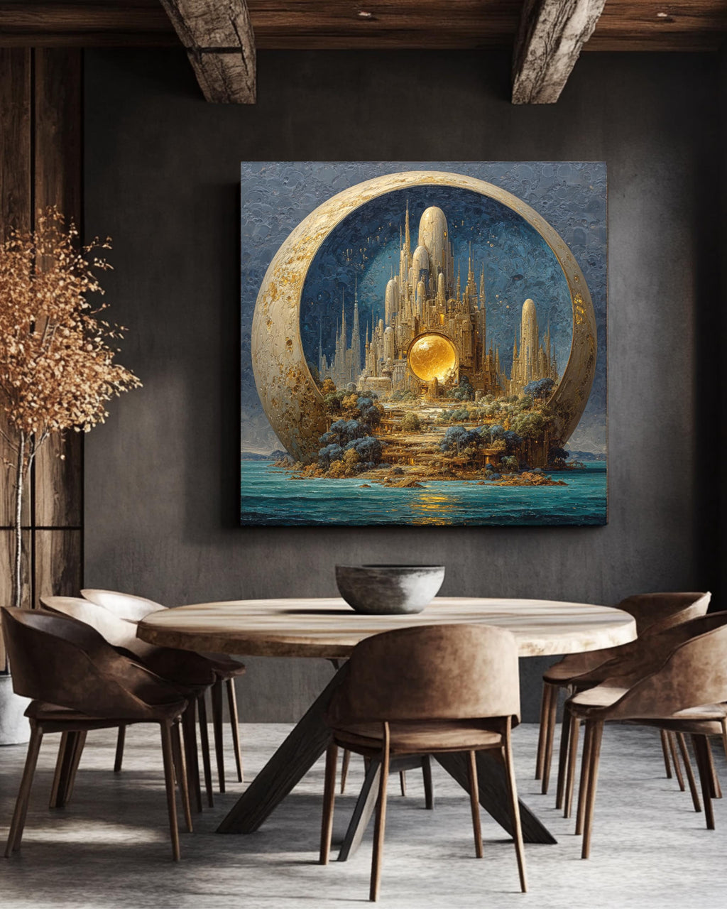 Alien Cityscape on Pluto Oil Painting, Tall Spires, Organic Architecture, Exotic Creatures, Dark Sky Blue and Turquoise Sea, Poster Canvas