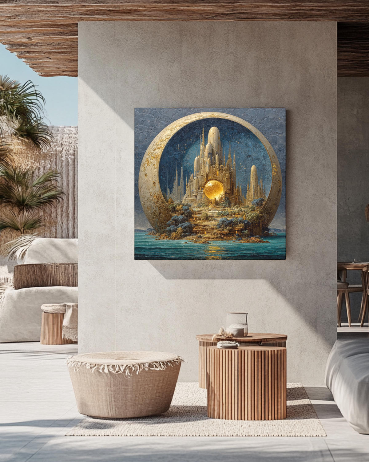 Alien Cityscape on Pluto Oil Painting, Tall Spires, Organic Architecture, Exotic Creatures, Dark Sky Blue and Turquoise Sea, Poster Canvas