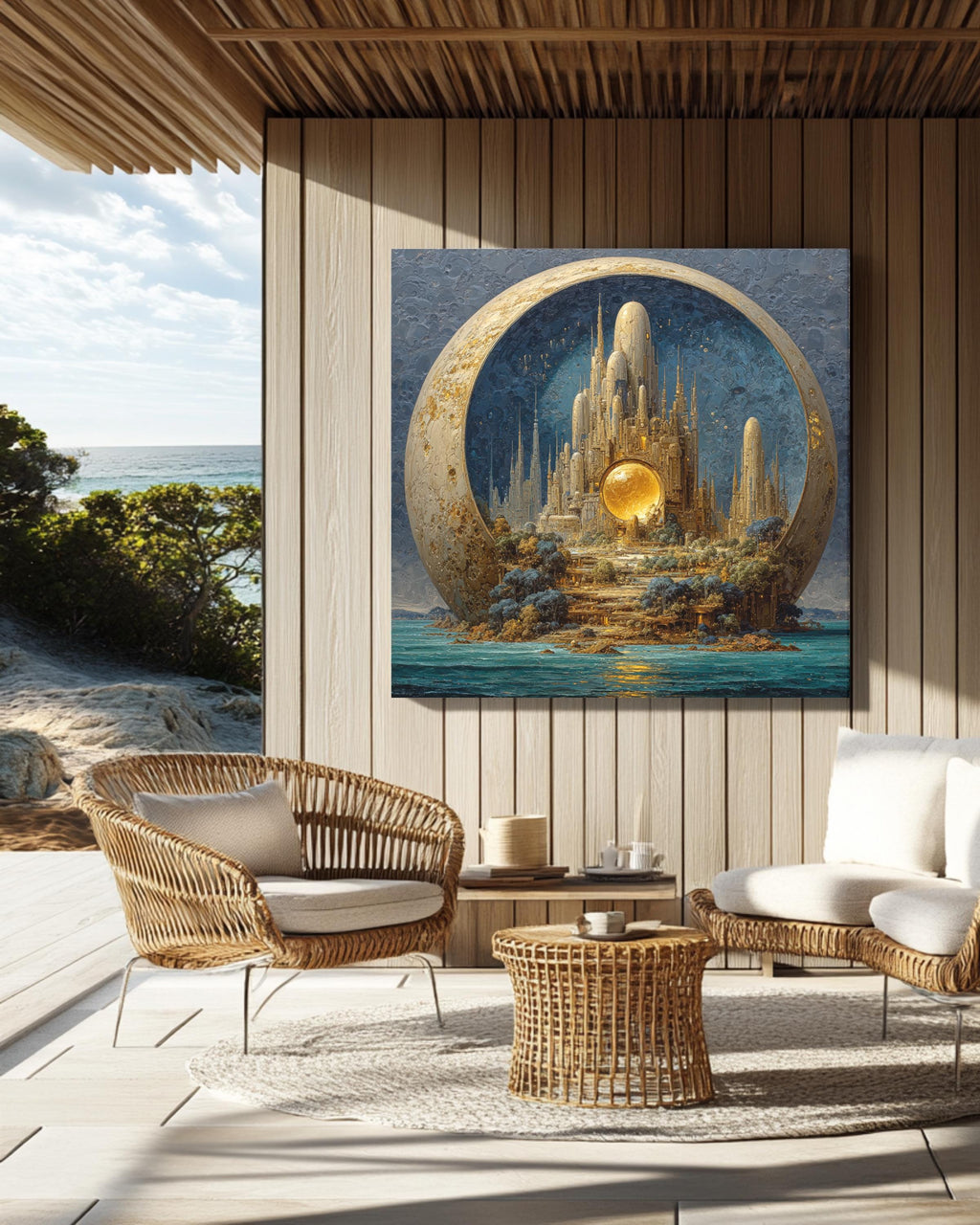 Alien Cityscape on Pluto Oil Painting, Tall Spires, Organic Architecture, Exotic Creatures, Dark Sky Blue and Turquoise Sea, Poster Canvas