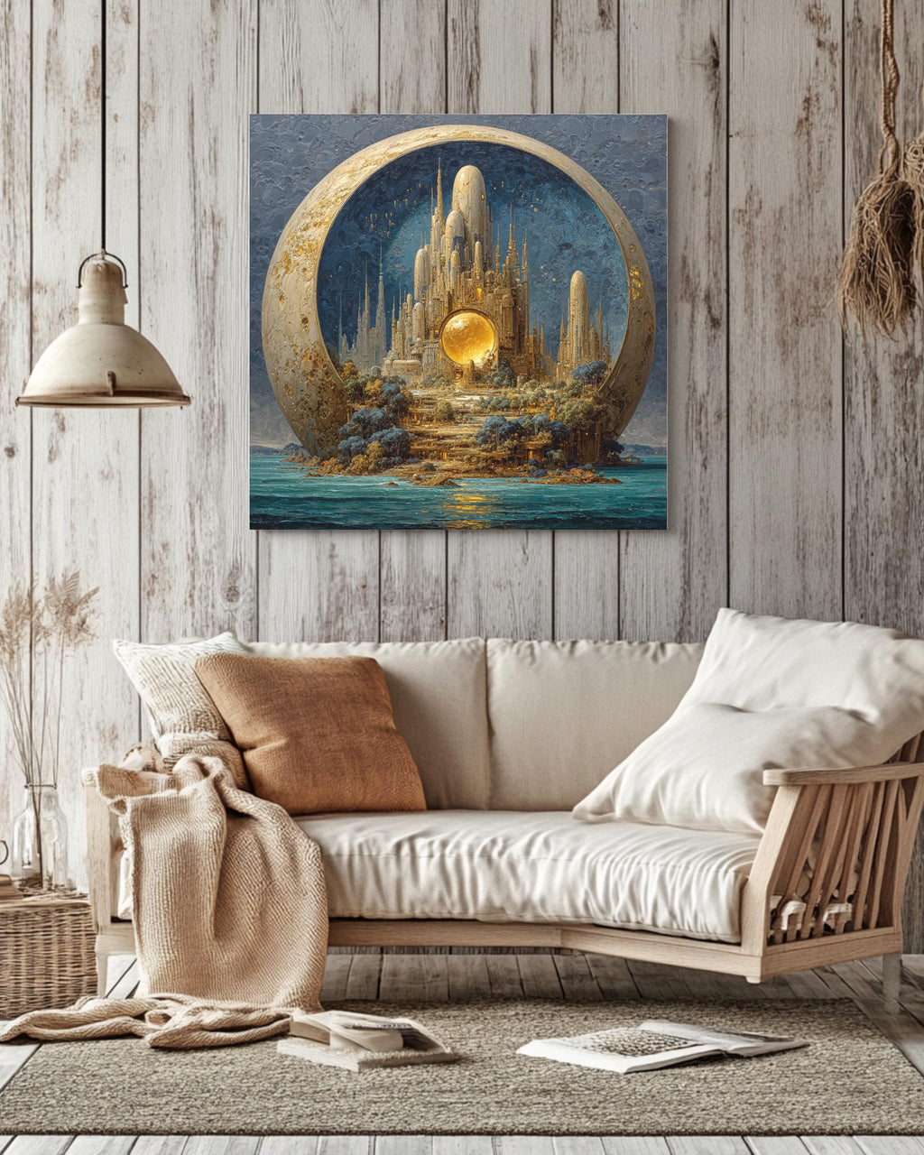 Alien Cityscape on Pluto Oil Painting, Tall Spires, Organic Architecture, Exotic Creatures, Dark Sky Blue and Turquoise Sea, Poster Canvas