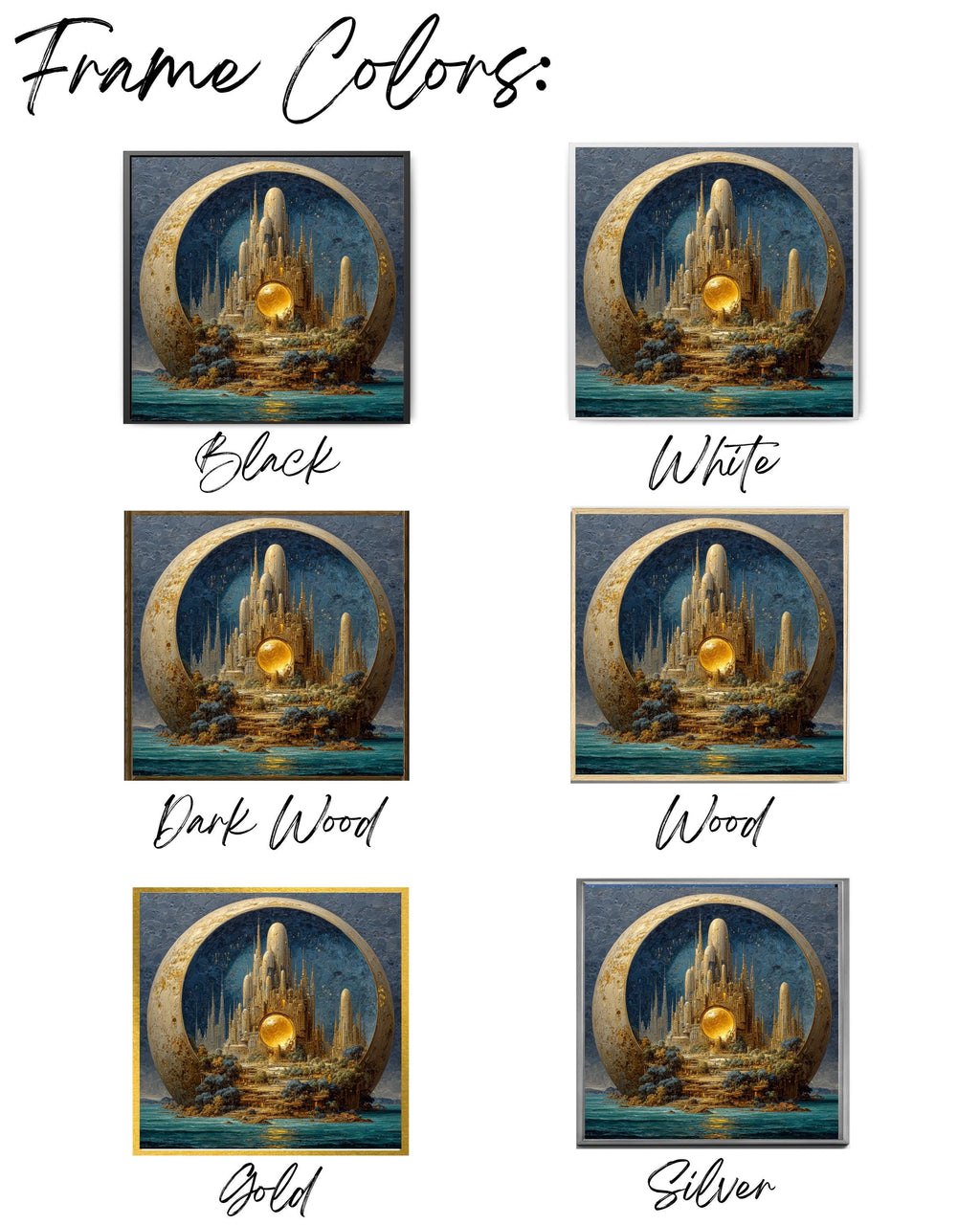 Alien Cityscape on Pluto Oil Painting, Tall Spires, Organic Architecture, Exotic Creatures, Dark Sky Blue and Turquoise Sea, Poster Canvas