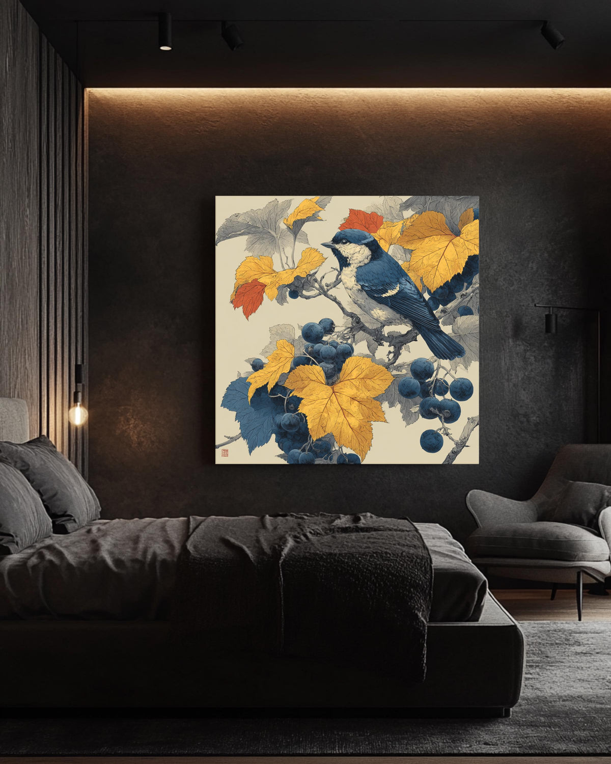 Japanese Woodblock Print, Autumn Bird and Grapevine, Nature Canvas Art