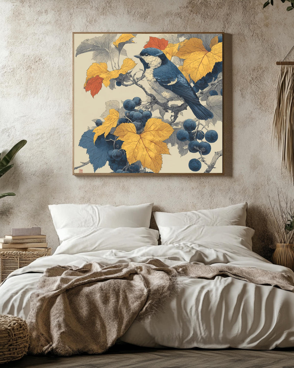 Japanese Woodblock Print, Autumn Bird and Grapevine, Nature Canvas Art