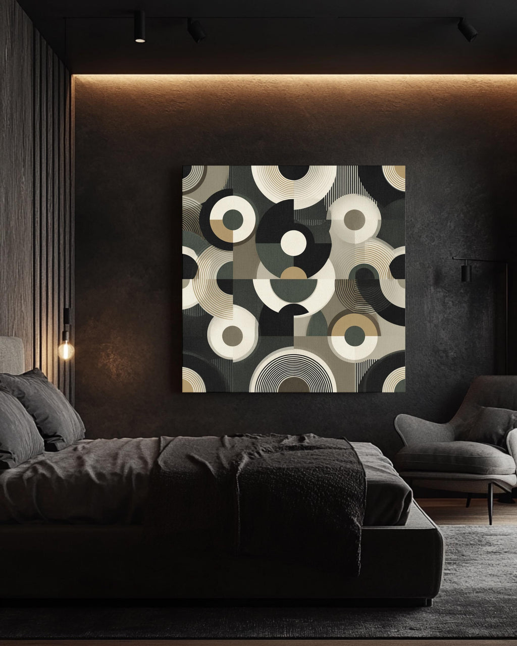 Art Deco Circle Pattern Print, Black White Beige Geometric Wall Art