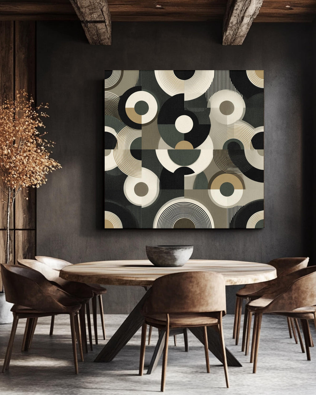 Art Deco Circle Pattern Print, Black White Beige Geometric Wall Art