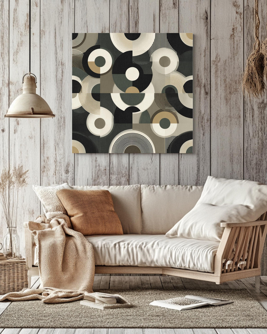 Art Deco Circle Pattern Print, Black White Beige Geometric Wall Art