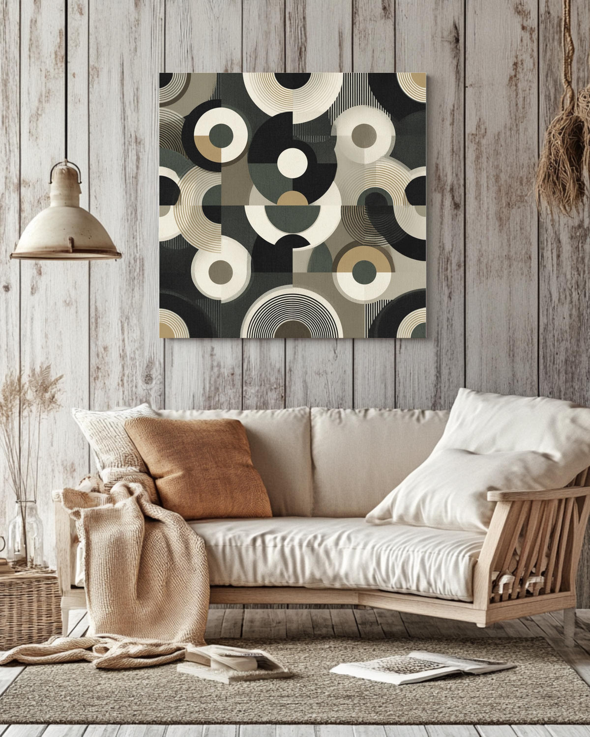 Art Deco Circle Pattern Print, Black White Beige Geometric Wall Art