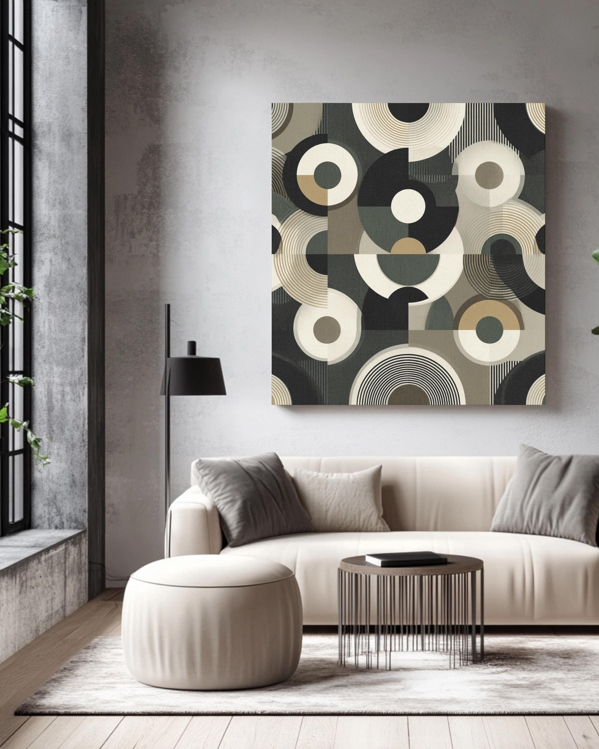 Art Deco Circle Pattern Print, Black White Beige Geometric Wall Art