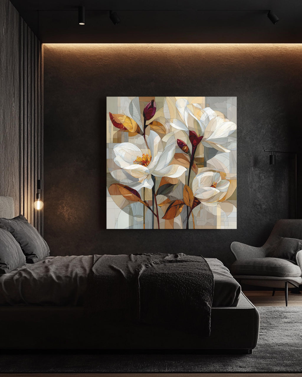 Abstract Floral Cubist Canvas Art, Beige & Brown Geometric Print