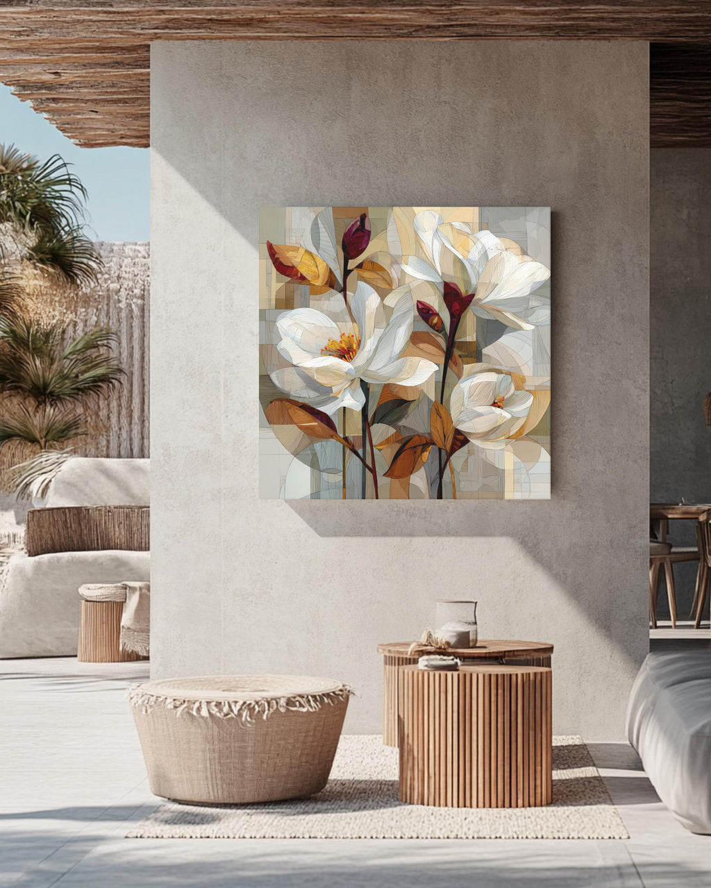 Abstract Floral Cubist Canvas Art, Beige & Brown Geometric Print
