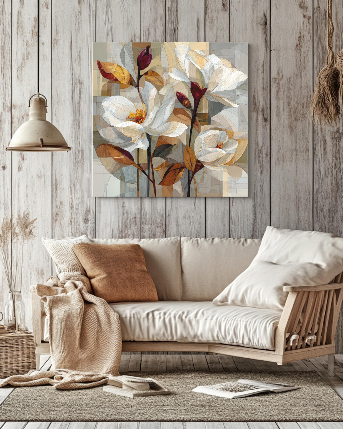 Abstract Floral Cubist Canvas Art, Beige & Brown Geometric Print
