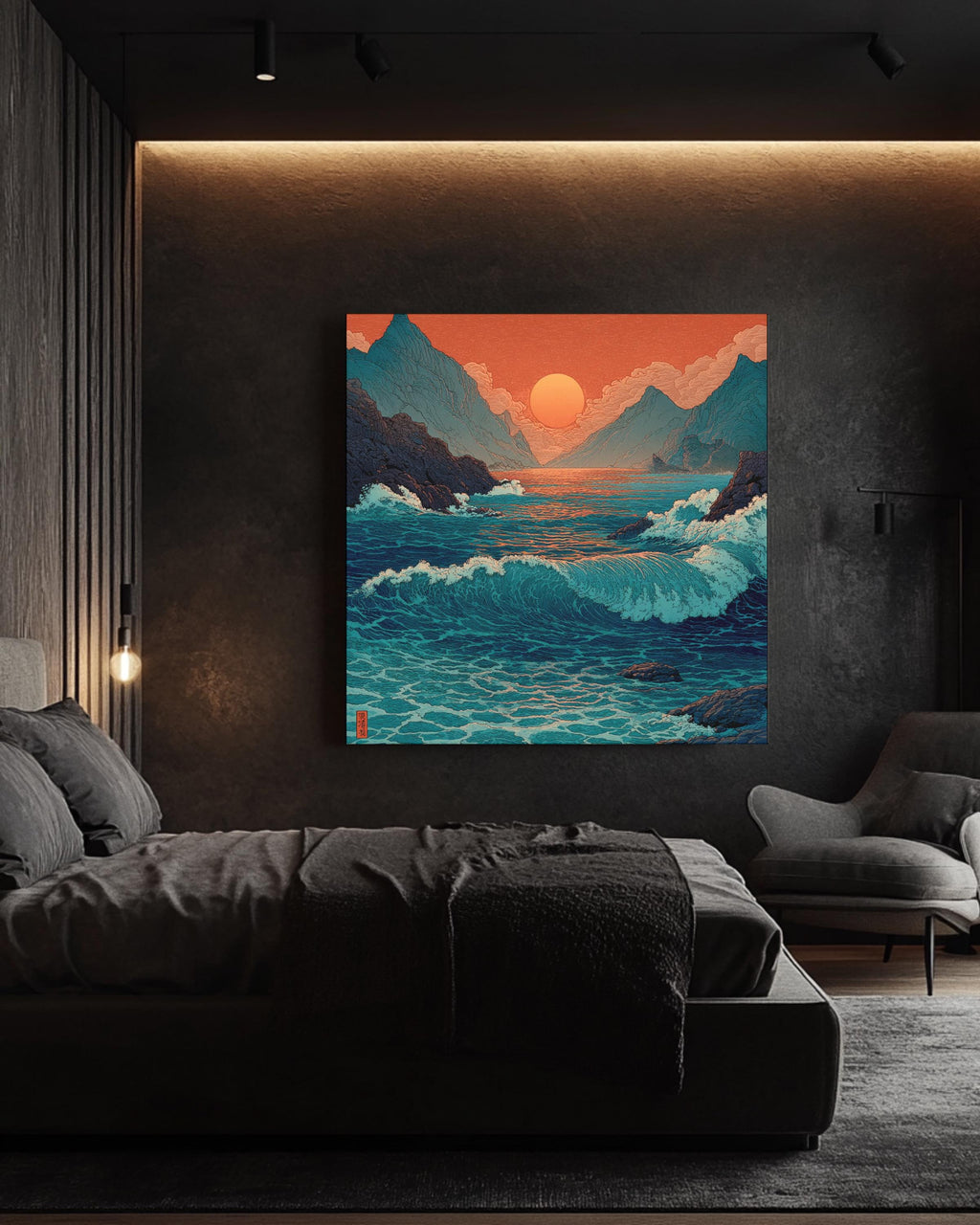Japanese Woodblock Print of the Sea with Waves, Sunset with Red Sky, Blue and Green Water, Traditional Ukiyo-e Style, Poster Canvas
