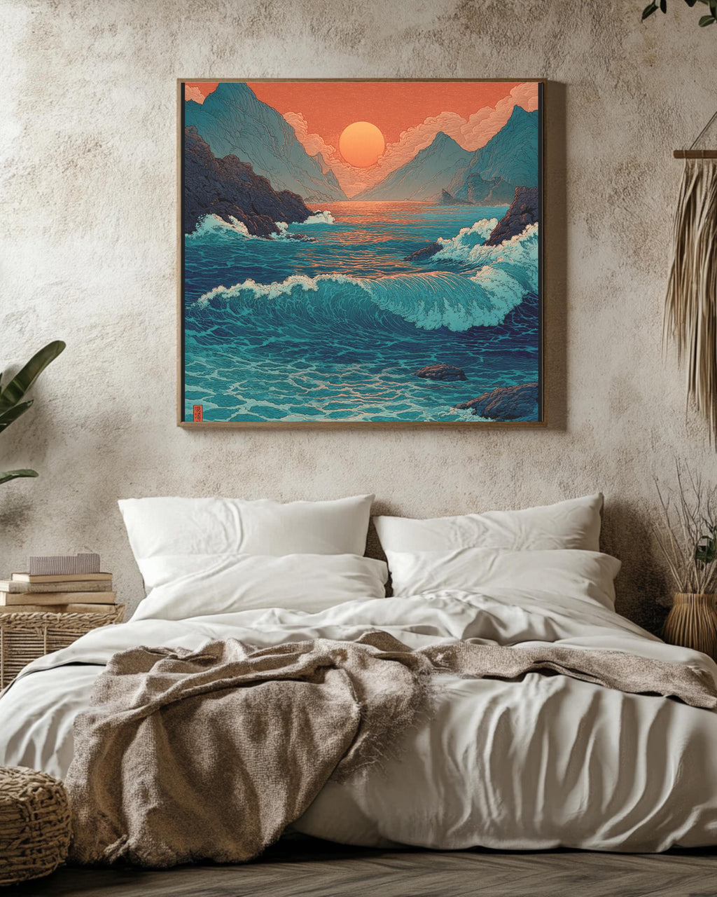 Japanese Woodblock Print of the Sea with Waves, Sunset with Red Sky, Blue and Green Water, Traditional Ukiyo-e Style, Poster Canvas