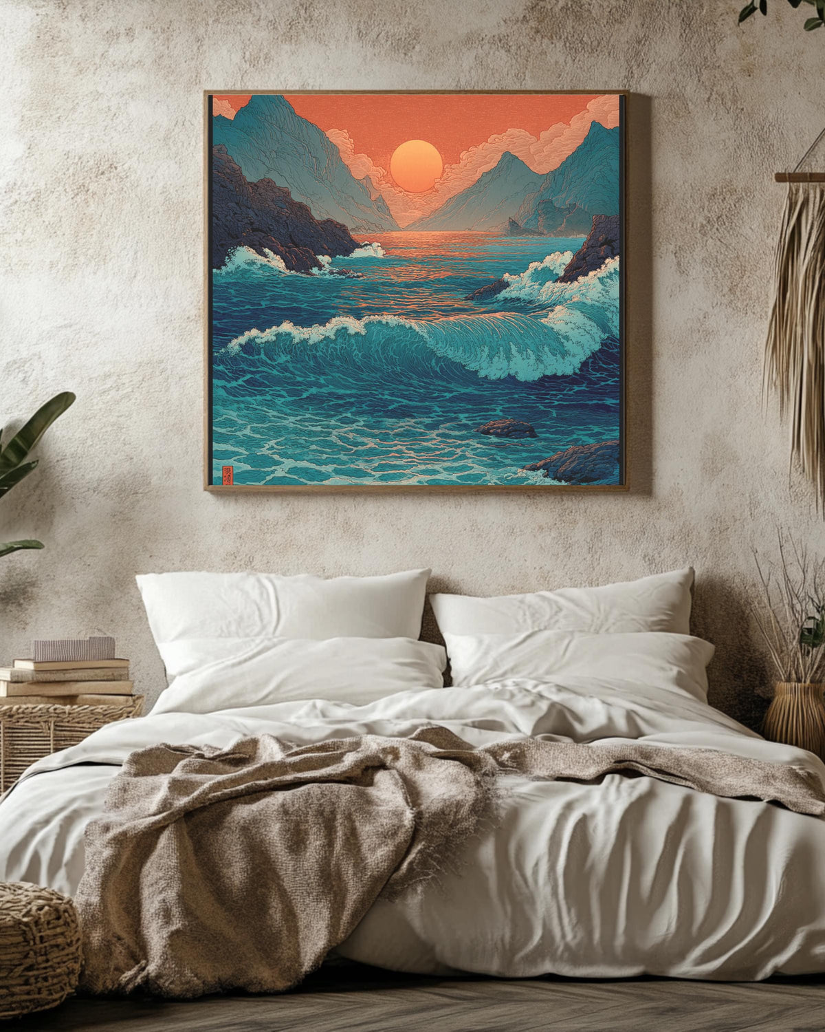 Japanese Woodblock Print of the Sea with Waves, Sunset with Red Sky, Blue and Green Water, Traditional Ukiyo-e Style, Poster Canvas