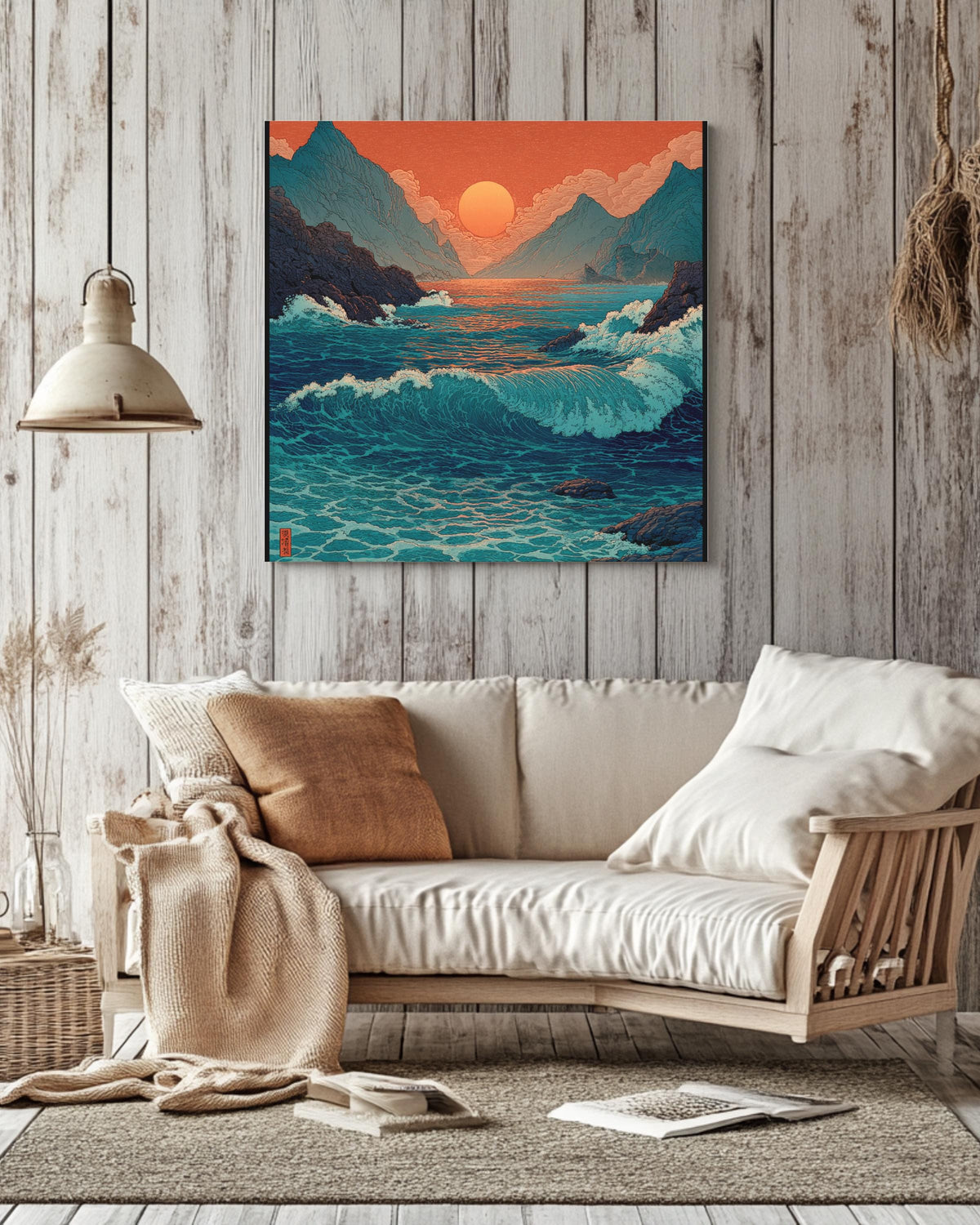 Japanese Woodblock Print of the Sea with Waves, Sunset with Red Sky, Blue and Green Water, Traditional Ukiyo-e Style, Poster Canvas