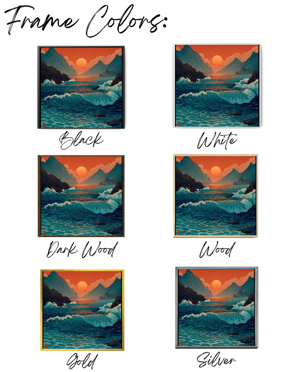 Japanese Woodblock Print of the Sea with Waves, Sunset with Red Sky, Blue and Green Water, Traditional Ukiyo-e Style, Poster Canvas