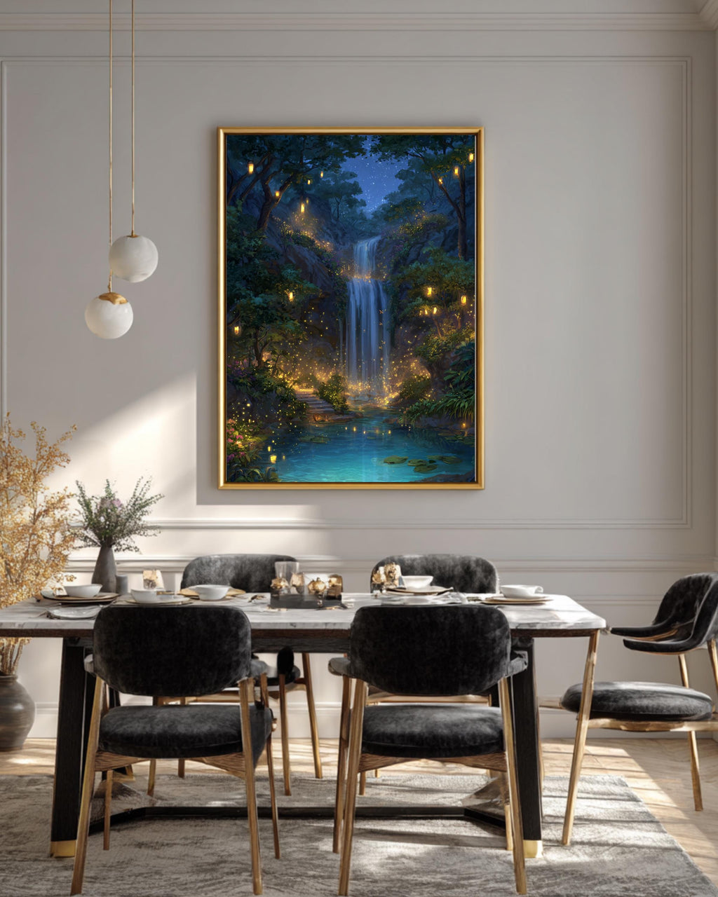 Enchanted Waterfall Landscape Art Print with Glowing Lanterns & Lush Greenery  Magical Forest Fantasy Wall Decor Poster Canvas