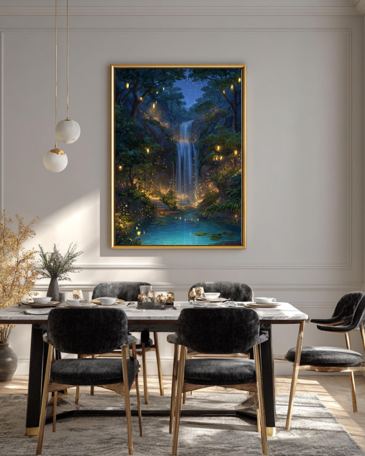 Enchanted Waterfall Landscape Art Print with Glowing Lanterns & Lush Greenery  Magical Forest Fantasy Wall Decor Poster Canvas