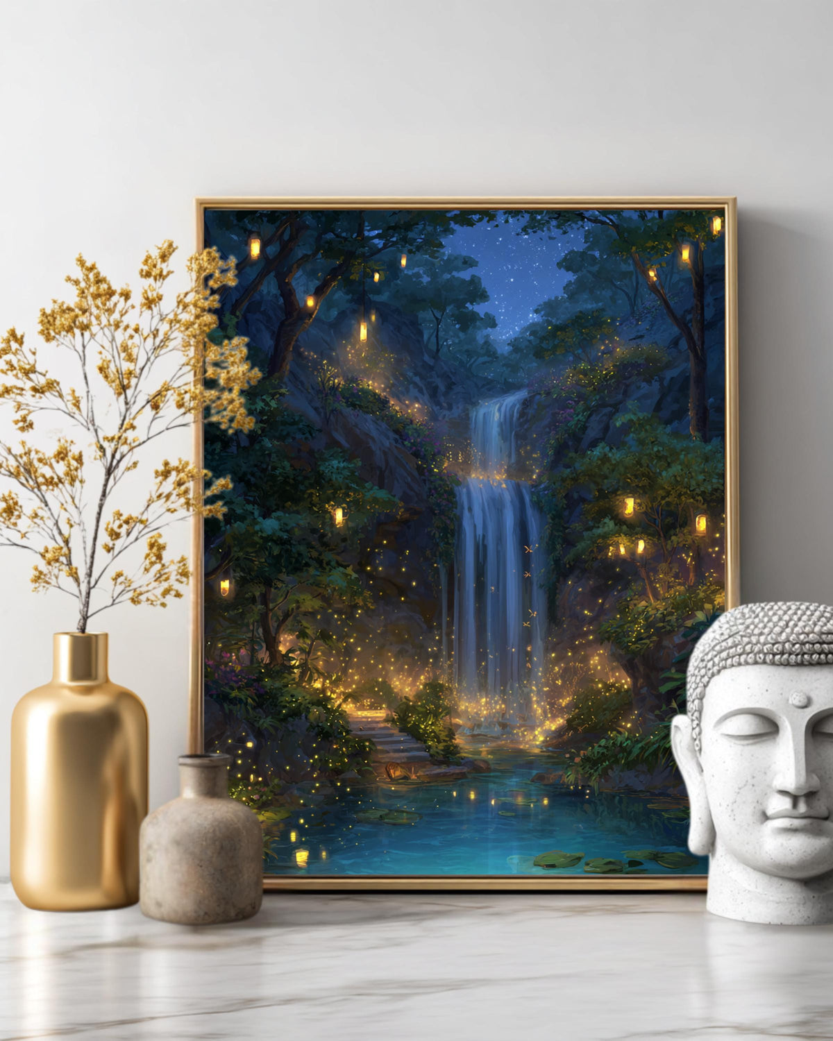Enchanted Waterfall Landscape Art Print with Glowing Lanterns & Lush Greenery  Magical Forest Fantasy Wall Decor Poster Canvas