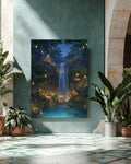 Enchanted Waterfall Landscape Art Print with Glowing Lanterns & Lush Greenery  Magical Forest Fantasy Wall Decor Poster Canvas