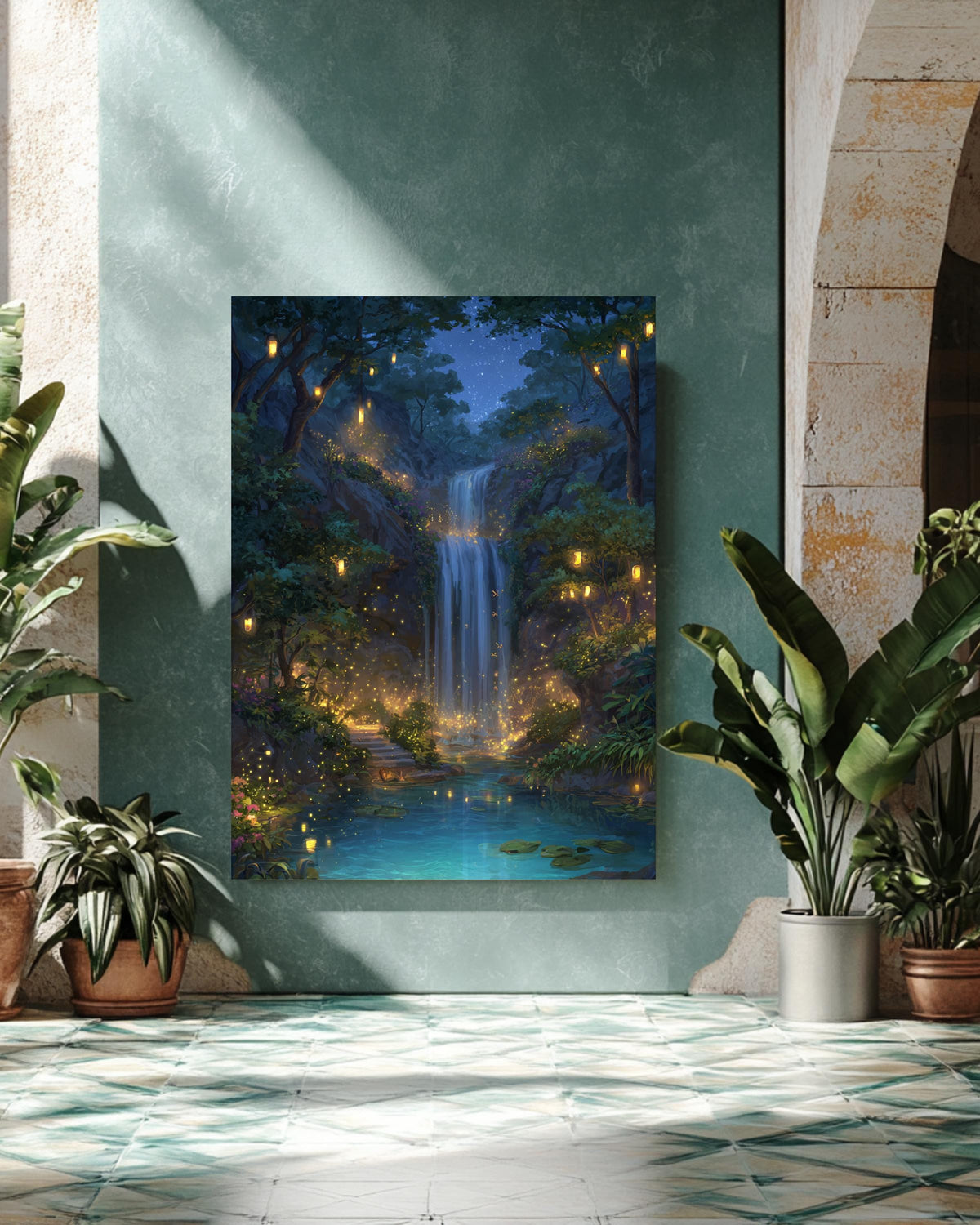 Enchanted Waterfall Landscape Art Print with Glowing Lanterns & Lush Greenery  Magical Forest Fantasy Wall Decor Poster Canvas