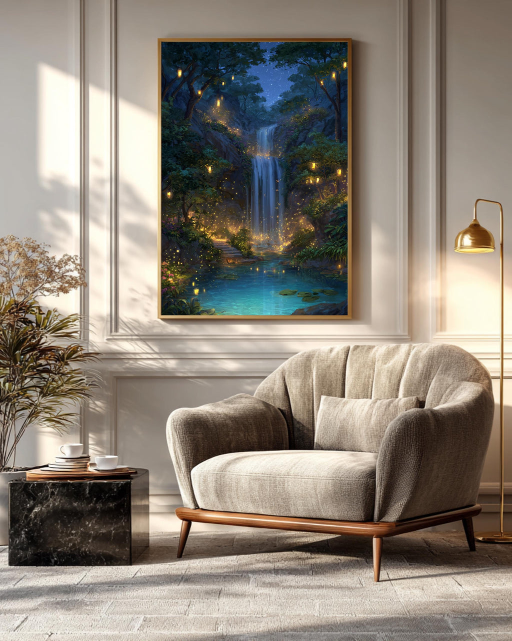 Enchanted Waterfall Landscape Art Print with Glowing Lanterns & Lush Greenery  Magical Forest Fantasy Wall Decor Poster Canvas