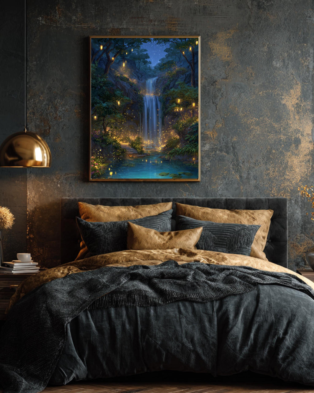 Enchanted Waterfall Landscape Art Print with Glowing Lanterns & Lush Greenery  Magical Forest Fantasy Wall Decor Poster Canvas