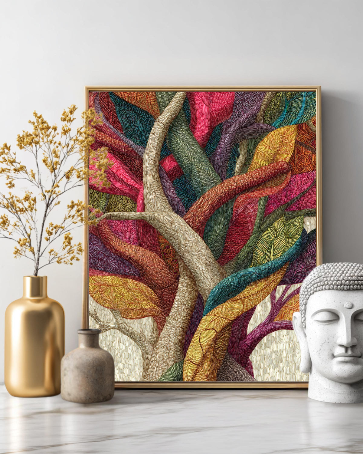 Colorful Patterned Tree Art Print with Intertwined Branches & Textured Trunk  Vibrant Abstract Nature Illustration Wall Decor Poster Canvas