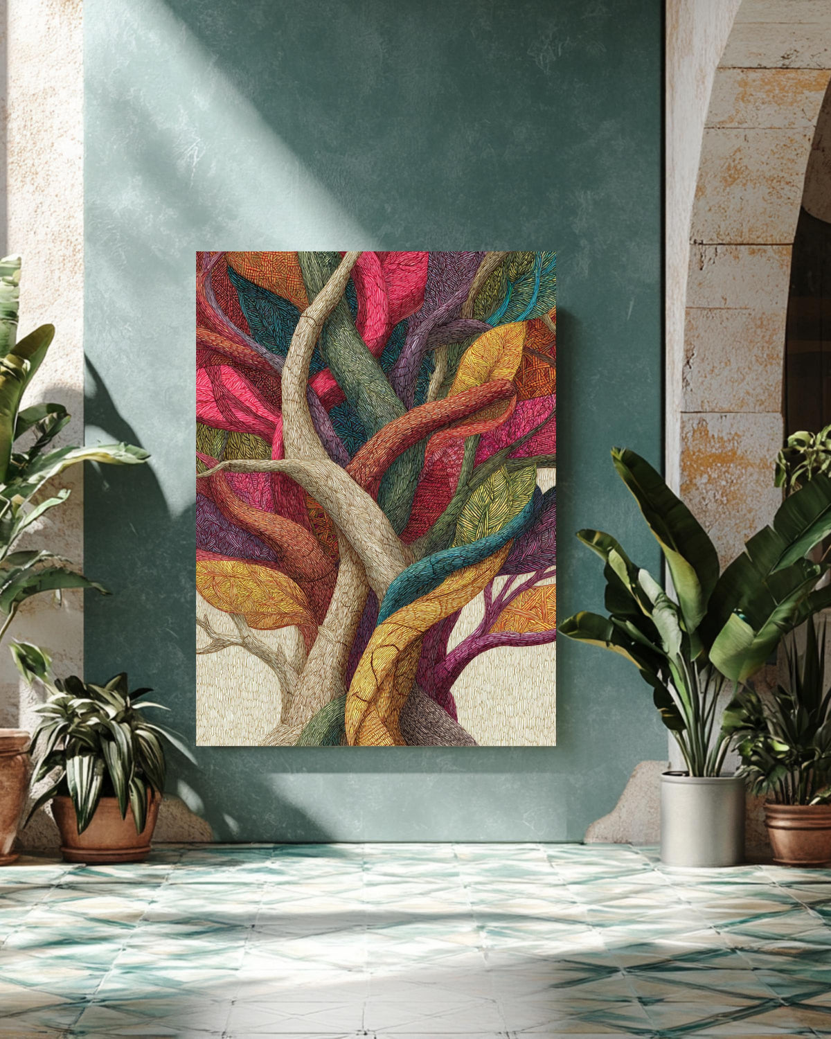 Colorful Patterned Tree Art Print with Intertwined Branches & Textured Trunk  Vibrant Abstract Nature Illustration Wall Decor Poster Canvas