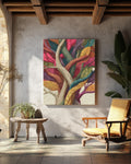 Colorful Patterned Tree Art Print with Intertwined Branches & Textured Trunk  Vibrant Abstract Nature Illustration Wall Decor Poster Canvas