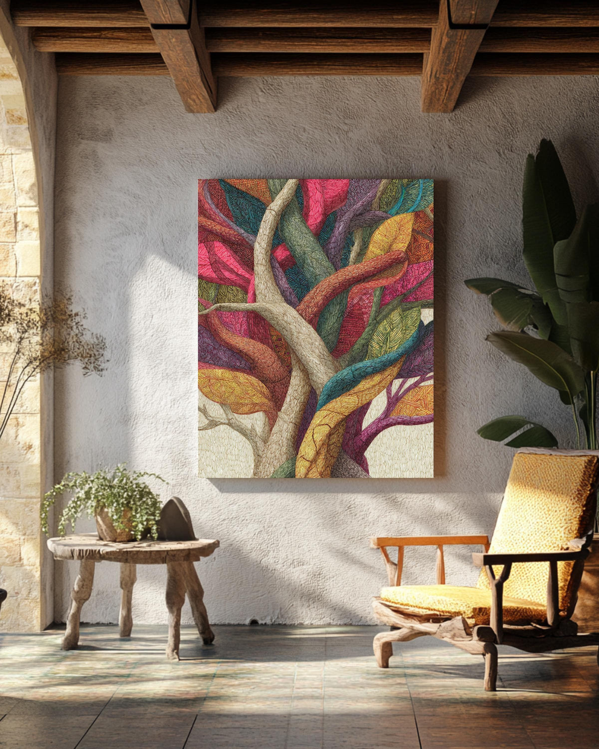 Colorful Patterned Tree Art Print with Intertwined Branches & Textured Trunk  Vibrant Abstract Nature Illustration Wall Decor Poster Canvas
