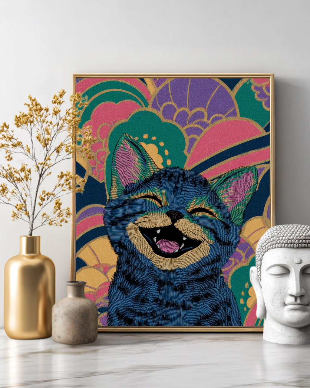 Smiling Cute Kitten Art Print  Louis Wain-Inspired Illustration, Colorful Whimsical Wallpaper Design, Playful Cat Wall Decor
