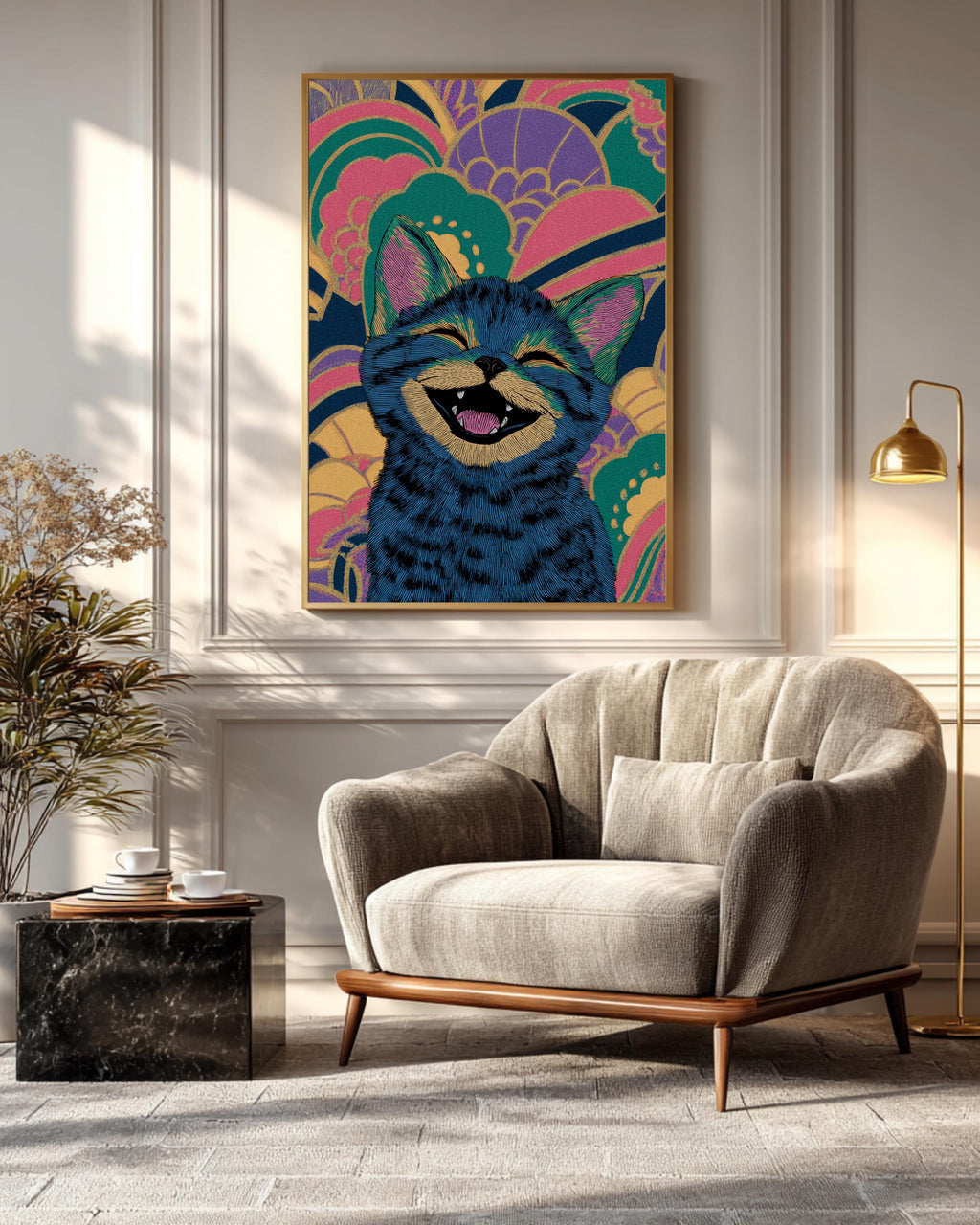 Smiling Cute Kitten Art Print  Louis Wain-Inspired Illustration, Colorful Whimsical Wallpaper Design, Playful Cat Wall Decor