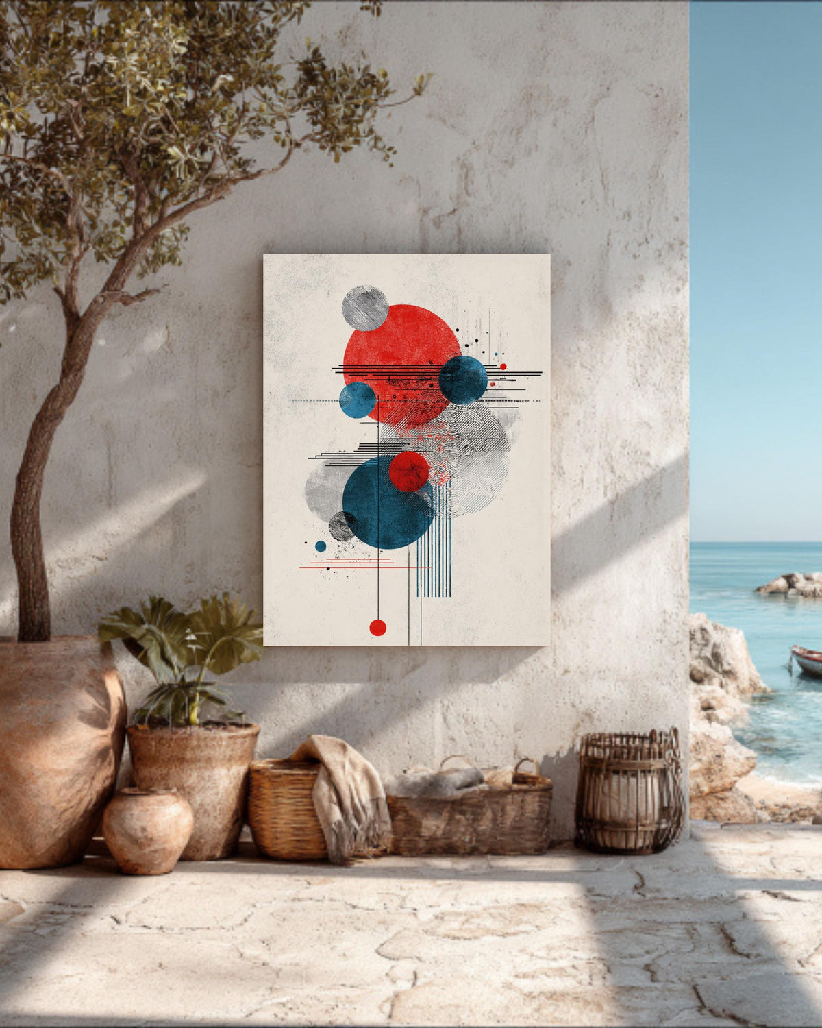 Abstract Circle Composition Art Print  Minimalist Graphic Design with Three Circles, Japanese Woodblock Print-Inspired Modern Wall Decor