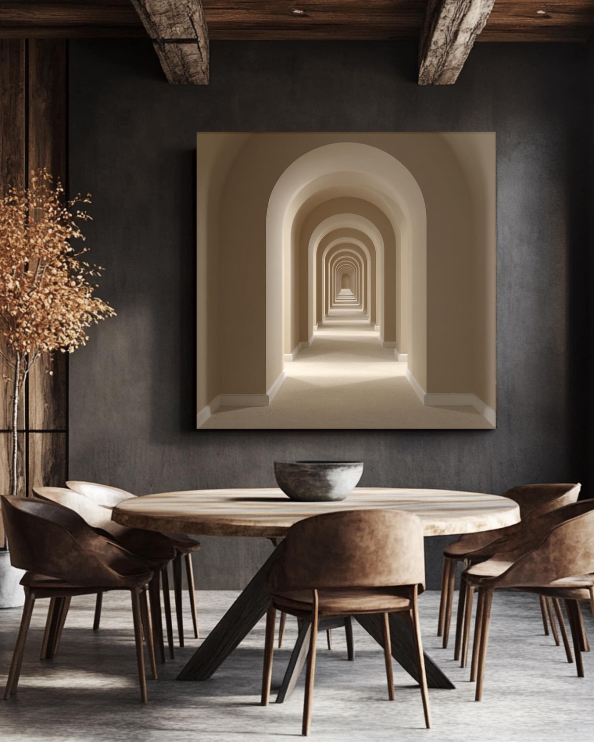 Hyper-Realistic High-Resolution Photography of Minimalist Beige Arched Corridor, Modern Architectural Neutral Wall Art  Poster Canvas
