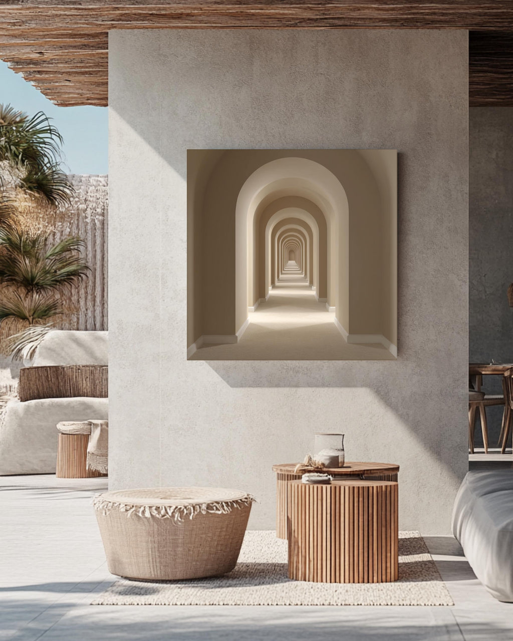 Hyper-Realistic High-Resolution Photography of Minimalist Beige Arched Corridor, Modern Architectural Neutral Wall Art  Poster Canvas