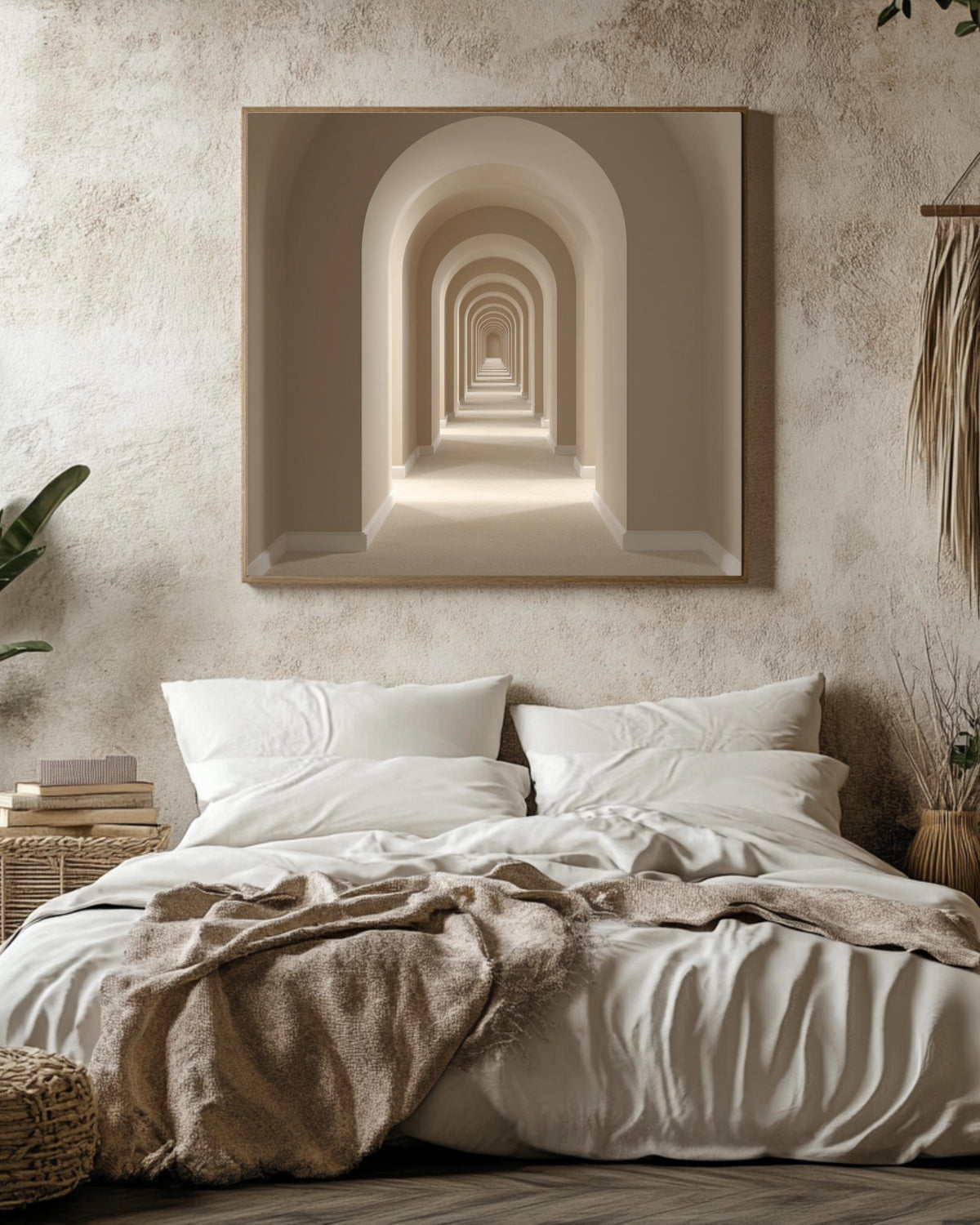 Hyper-Realistic High-Resolution Photography of Minimalist Beige Arched Corridor, Modern Architectural Neutral Wall Art  Poster Canvas